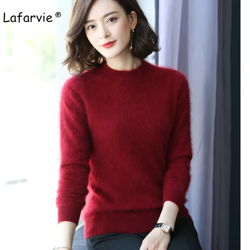 rust red Lafarvie, осенне-зимний вязаный норковый кашемировый свитер с круглым вырезом, женские топы, теплый пуловер с длинным рукавом, Женский однотонный базовый свитер - Цвет: rust red