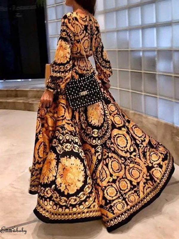 Boho женские s бикини с длинным рукавом, цветочные богемные Модные женские вечерние облегающие макси платья, одежда больших размеров