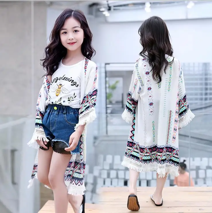 Children Girls Thin Coat Outerwear Blouse Cardigan Fashion Clothing Summer Outwear for Girl Sun Protection 13 years Flower White | Детская