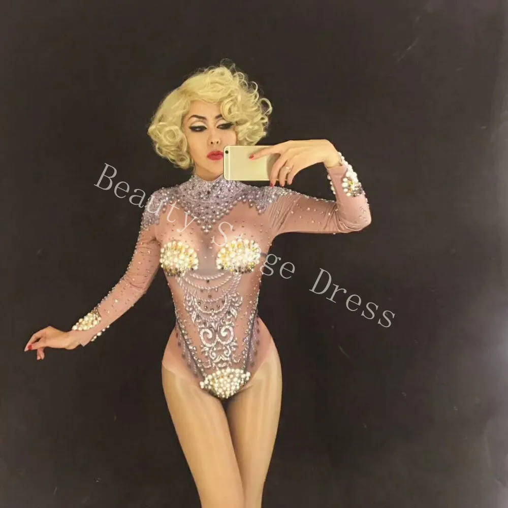 Crystals Printed Bodysuit Bar Evening Party Performance Stretch Rhinestones Costume Female Singer Dancer Leotard Stage Wear DJ