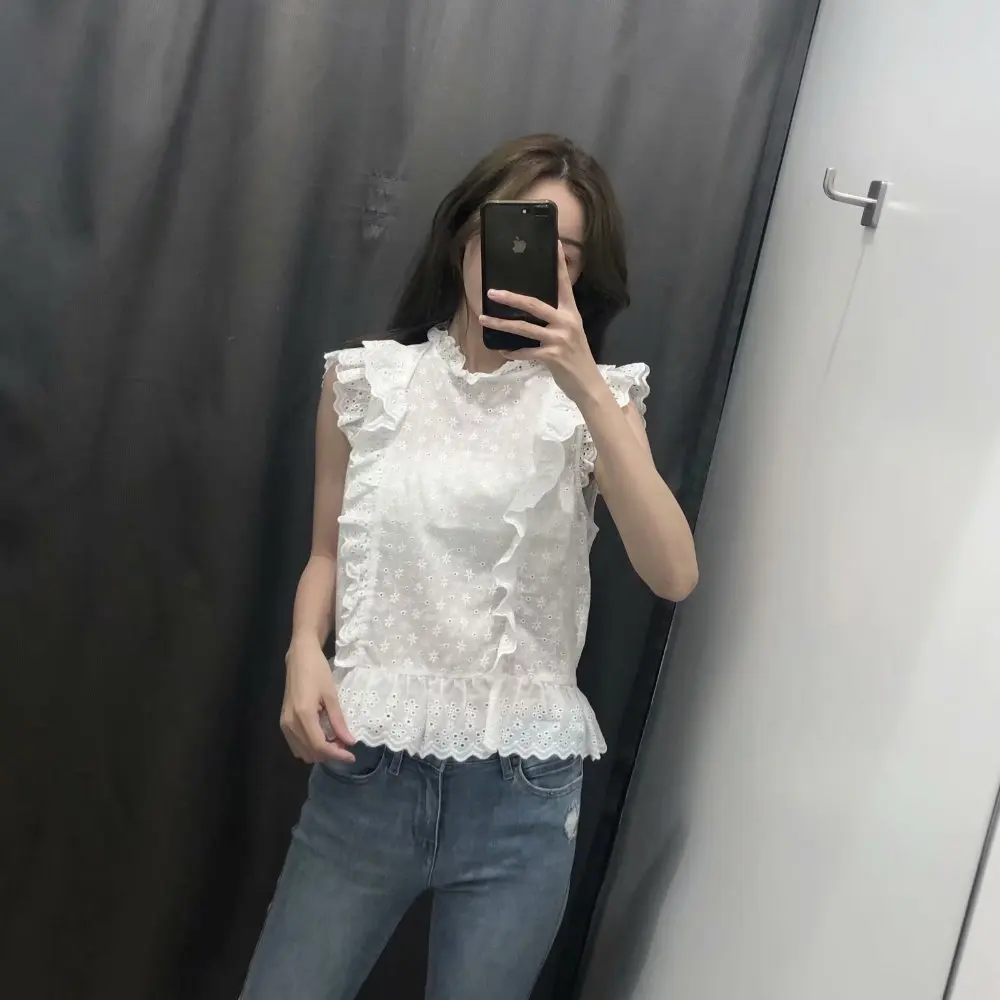 2019 za для женщин летние блузки малышек женский деревенский ажурный embroideried Топ