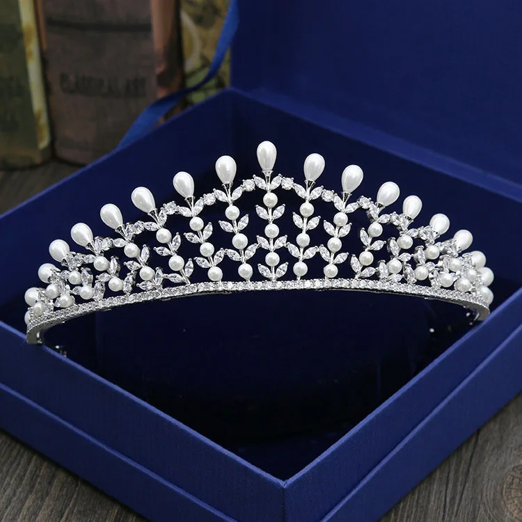 SLBRIDAL кристаллы, Стразы Жемчуг медь, кубический цирконий свадебный тиара CZ свадебный Королева Принцесса пышные вечерние Корона подружки невесты