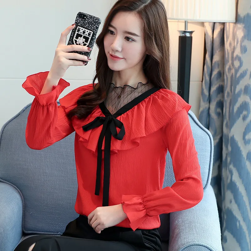 2018 весенне-осенняя женская рубашка однотонная шифоновая блузка с