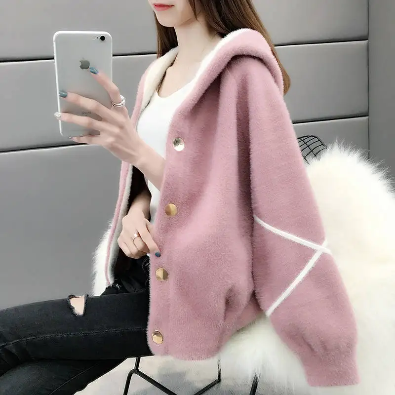 2019 Spring Autumn Fashion Women Long Sleeve Short Hooded Solid Knitting Coats Imitate Mink Villus Cardigan Sweater Clothes A09 |