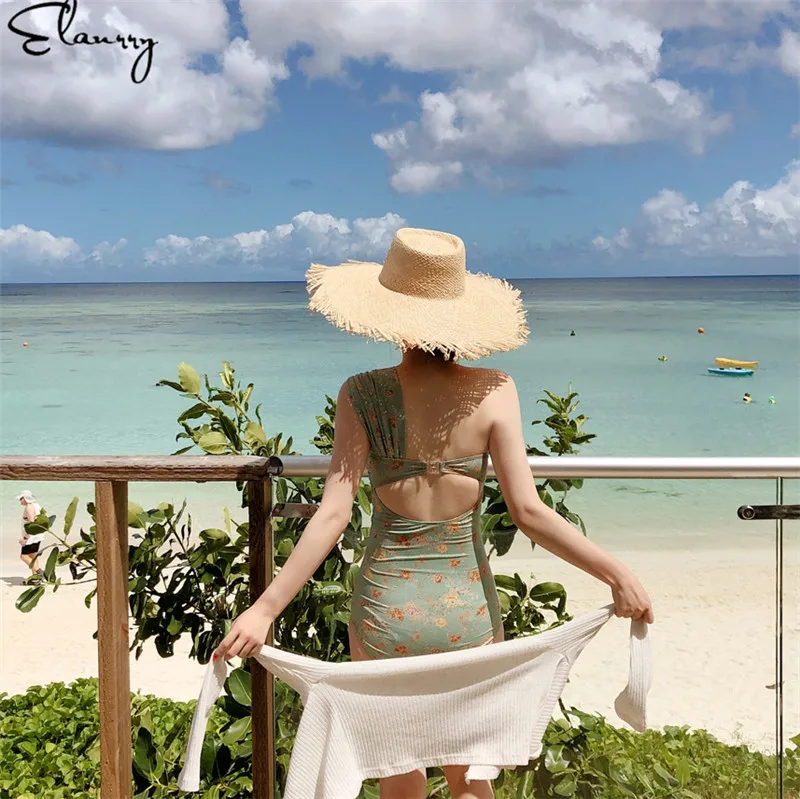 Женский Цельный купальник с цветочным принтом на одно плечо сексуальный