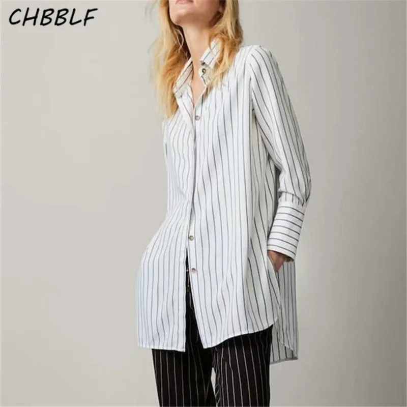 CHBBLF Женская шикарная полосатая свободная Длинная блузка с длинным рукавом и