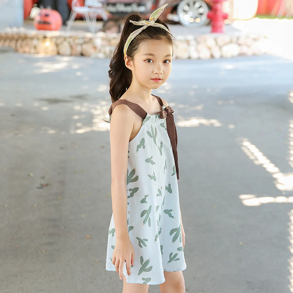Girls Dresses Holiday 2018 Korean Mother Daughter Cactus Print Princess Sleeveless Lace Kids Summer Children's Clothing | Детская