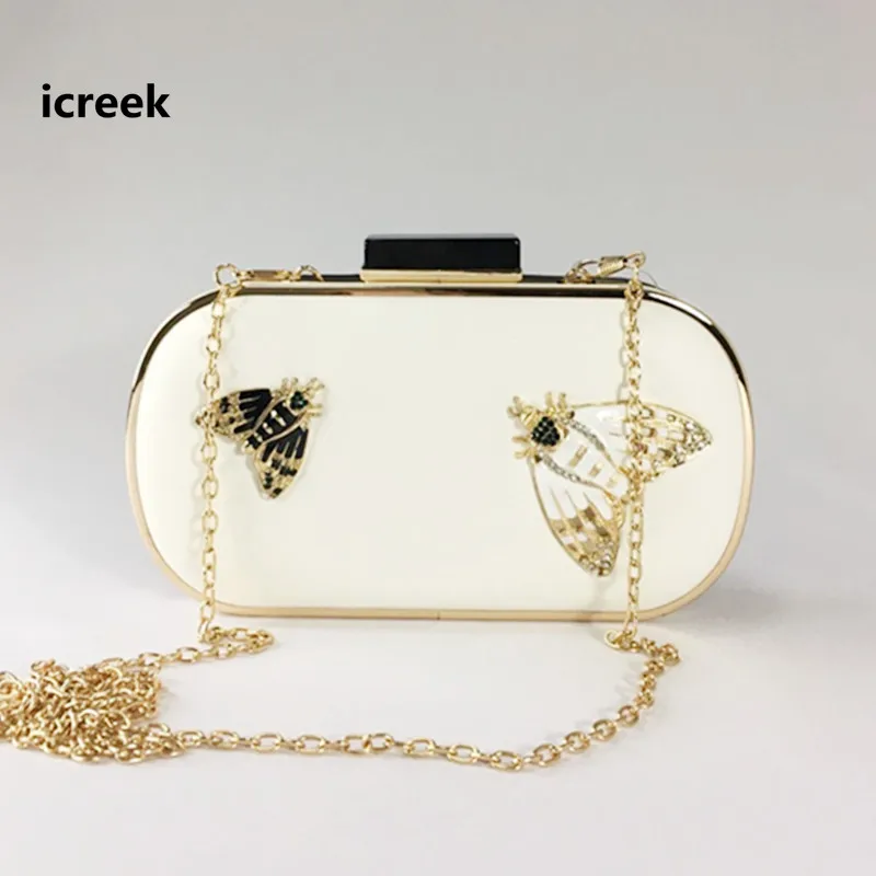 

19 New white and black insect chain handbag lady pu elegant metal butterfly pattern evening bag mini crossbody wedding party bag