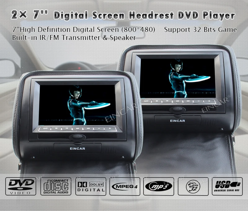 Eincar 7 ''двойной подголовник dvd плеер широкий обзор ЖК экран HD 800*480 разрешение