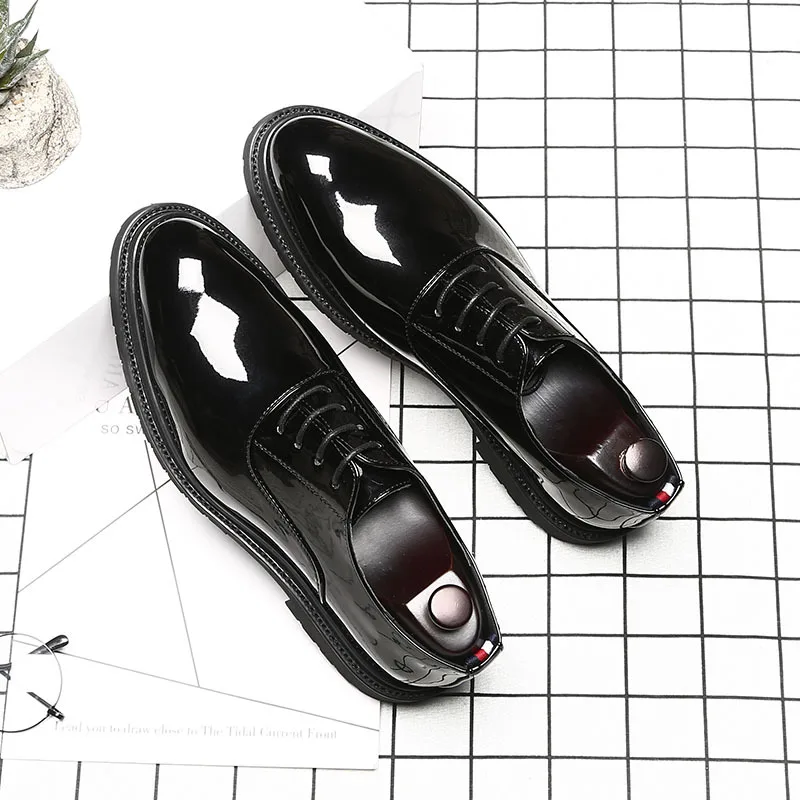 Fashion Patent Black Men Shoes Men's Lace-up Breathable Hard-wearing Pointed Toe Business Leather Leisure Dress | Обувь
