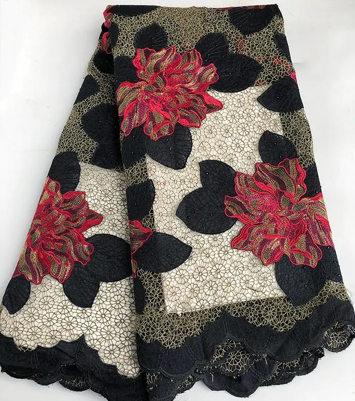 Dark gold Black Red Гипюровое кружево с маленькими ушками, большая Цветочная вышивка, африканская кружевная ткань с камнями, 5 ярдов за штуку - Цвет: Dark gold Black Red