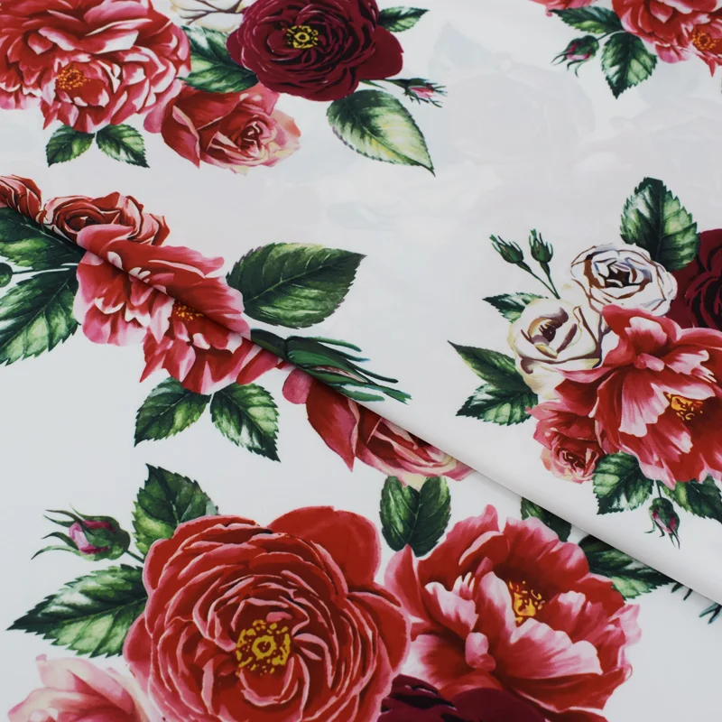 

2018 New Peony Roses Digital Painting Imitated Silk Stretch Satin Fabric For Summer Dress Telas Por Metros Tissu Vestidos Tela