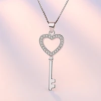 30 silver plated romantic love heart key shiny crystal ladies pendant necklace female box short chain jewelry gift
