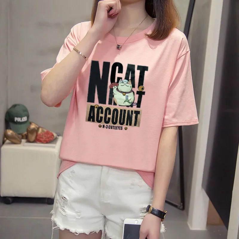 

2019 summer new women's large size short-sleeved t-shirt loose cat fashion printed cotton student shirt women