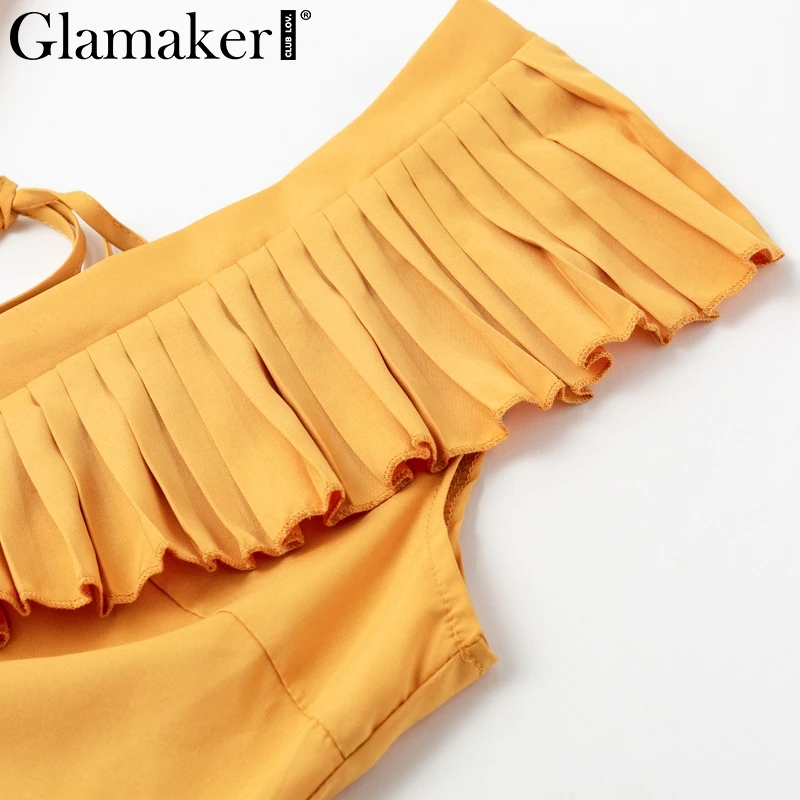 Glamaker сексуальное платье с v-образным вырезом и оборками женское весеннее желтое плиссированное платье без рукавов элегантное мини-клуб летнее платье