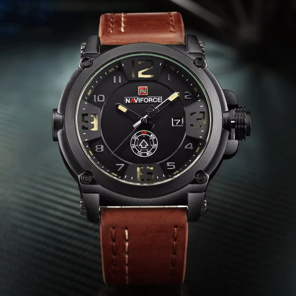 Часы NAVIFORCE мужские спортивные кварцевые с кожаным ремешком водонепроницаемые