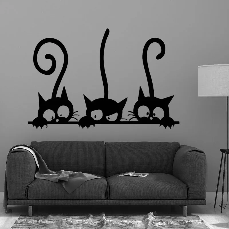 Милый черный милый 3 кошки стикер на стену современный забавный кот обои для
