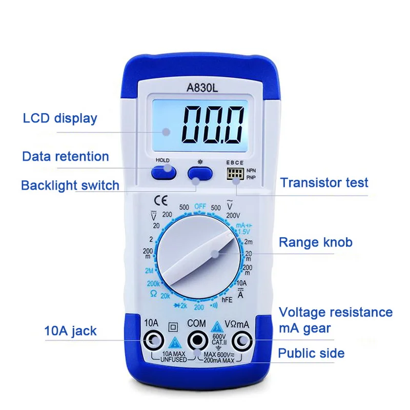 1Pcs A830L LCD Digital Multimeter DC AC Voltage Diode Freguency Multitester Current Tester Luminous Display with Buzzer Function |