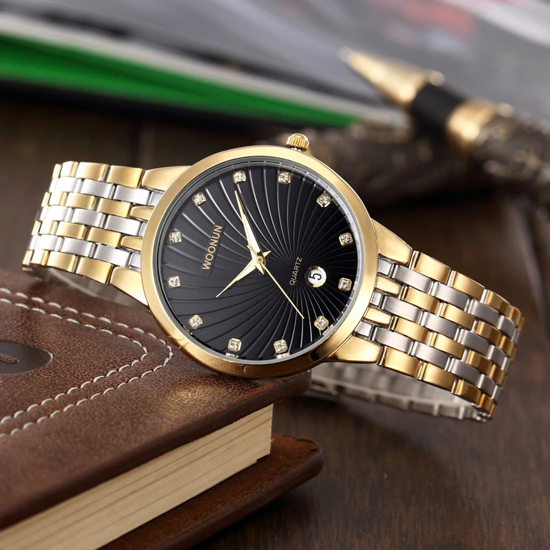 Мужские кварцевые часы WOONUN Роскошные ультратонкие золотые из нержавеющей стали