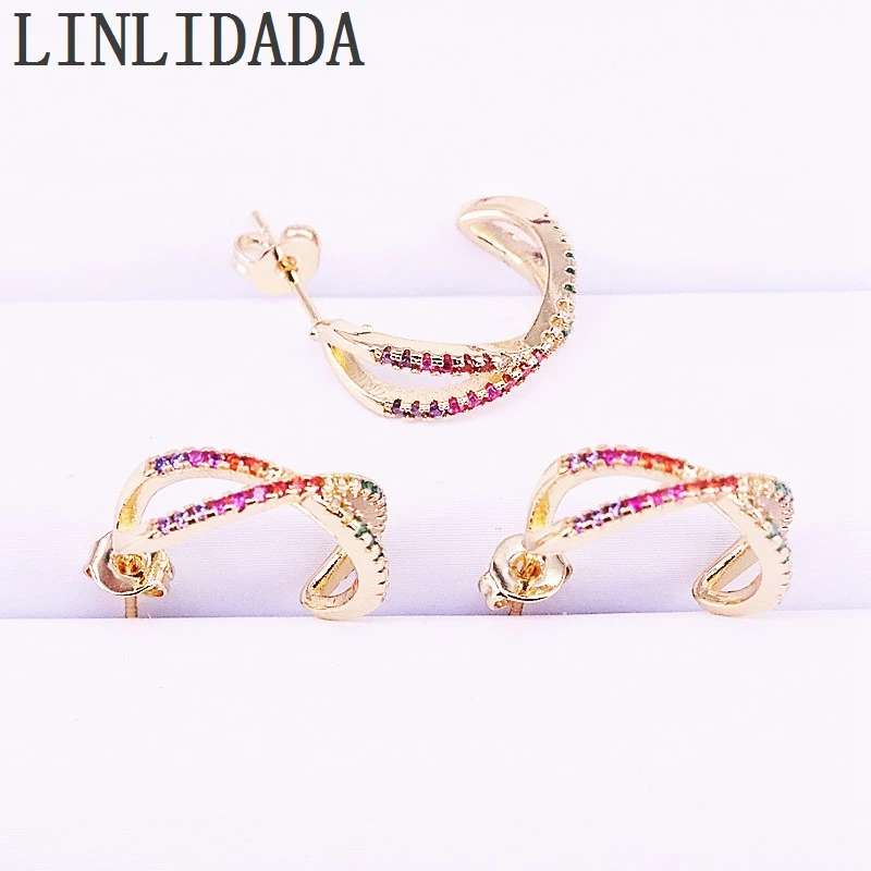 

8Pairs, Gold Color New design Rainbow Cz pave stud earring sparking bling Zirconia studs