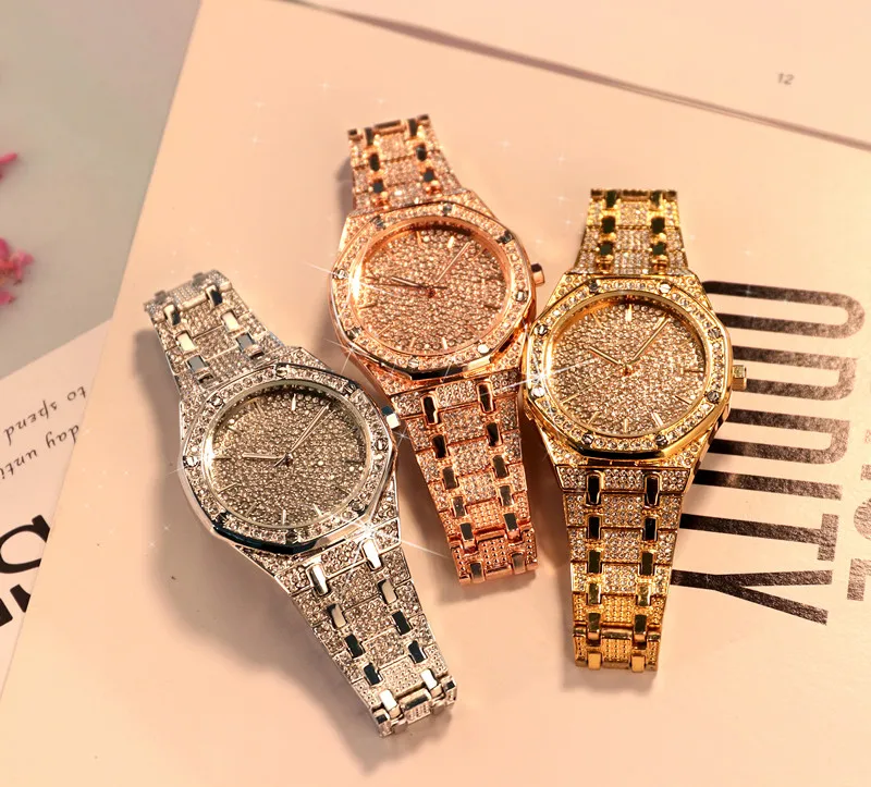 Модные роскошные золотые часы со стразами для мужчин брендовые кварцевые