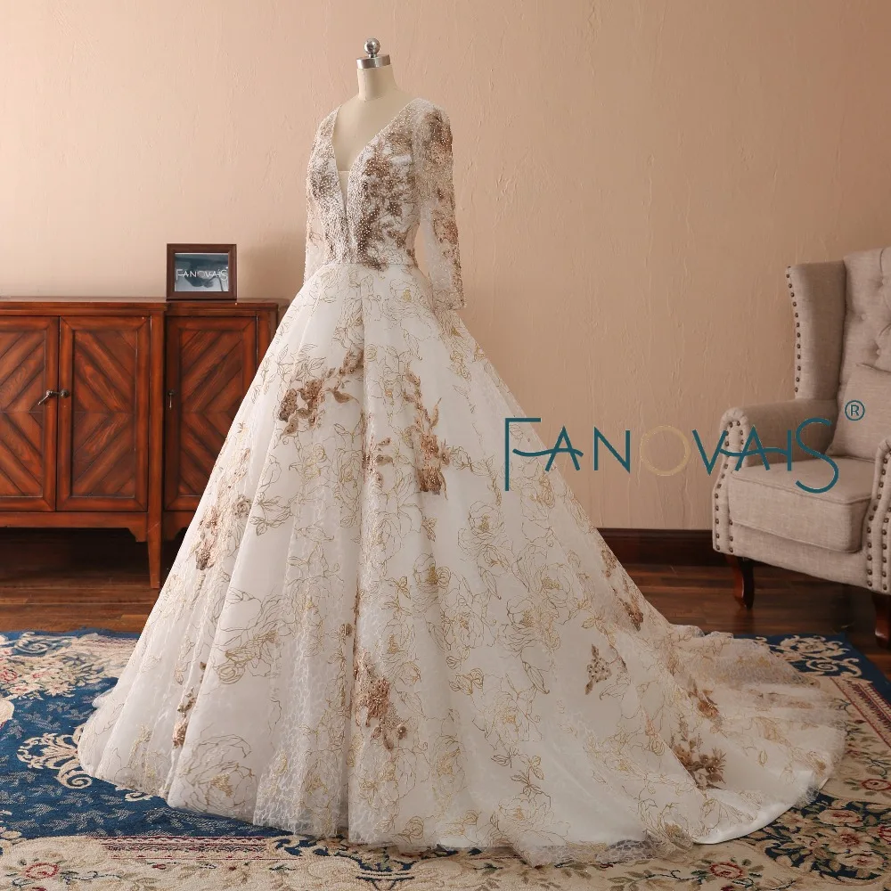 Золотые свадебные платья 2019 жемчуг с длинными рукавами Vestido de Novia gelinlik robe mariage