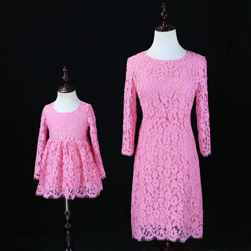

Autumn Family sister Look Clothes child mother baby girls pink Princess formal evening Dress Mom and Daughter party lace dresses