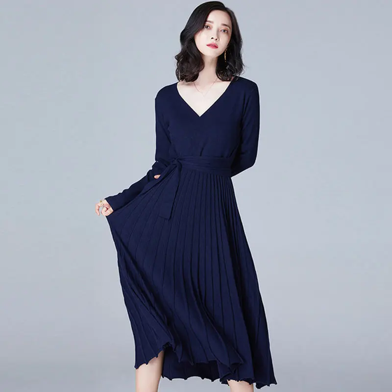 Drop Ship Women's Knitted Dress Sexy V-neck Knee-length Temperament Slim Pullover Sweater | Женская одежда