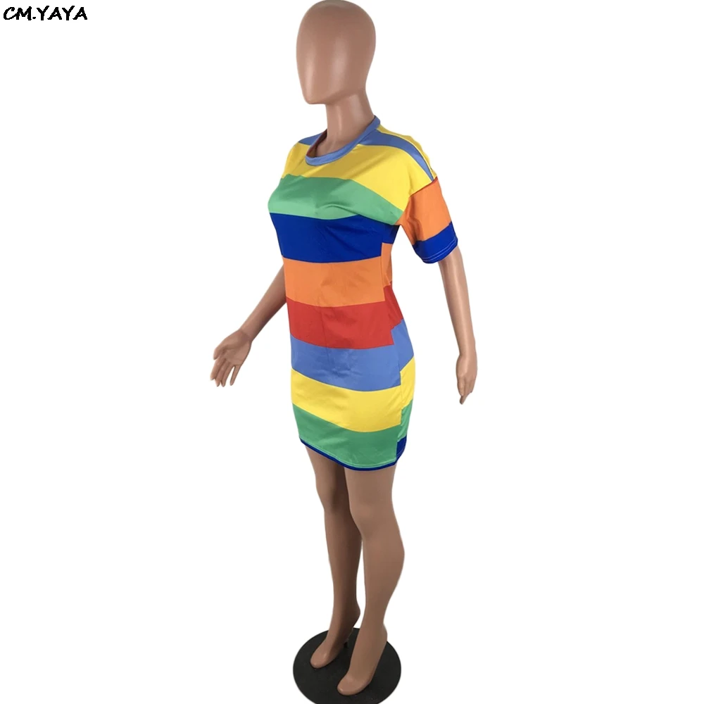 2019 new women summer colorful stripes o-neck short sleeve above knee mini dress fashion classic casual dresses GLLBXZ6140 | Женская
