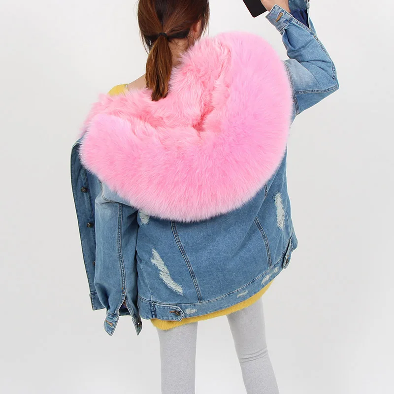 maomaokong Winter Women  Natural fox lined with fox fur collar denim  jacket  parka winter warm FUR coat Women's jacket