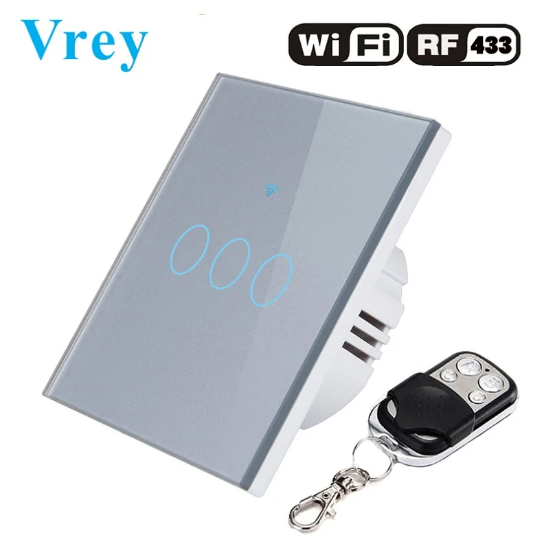 Vrey EU WiFi APP сенсорный выключатель 3 банды 110-240 В настенный светильник сенсорный экран переключатель, Кристальное стекло переключатель панель и пульт дистанционного управления - Цвет: VR-WIFI-03X Coffee