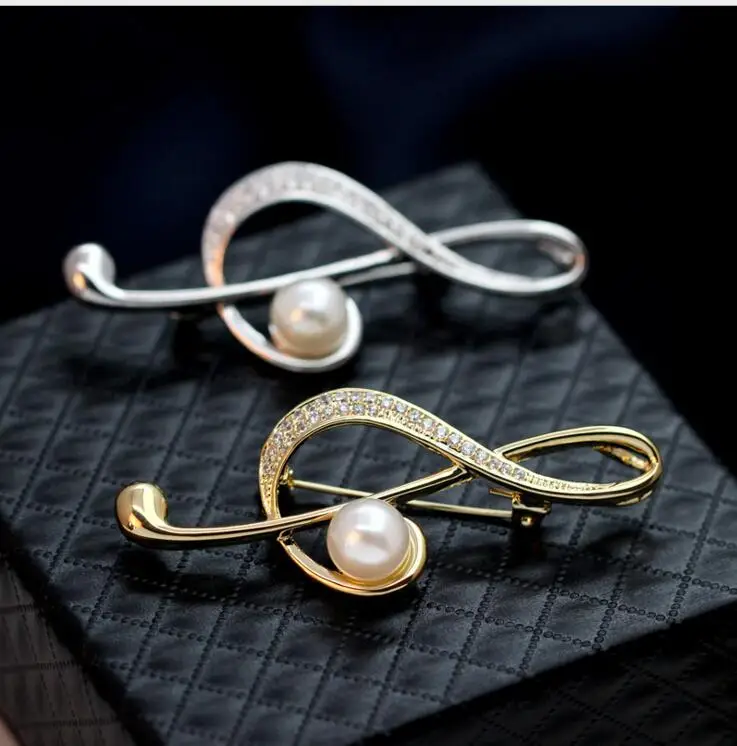 Wholesale 12pcs/lot Charm Music Note Cystal Pearl Brooch Lovely Brooches Pin clip Novelty Gift Pendant Golden Silver Jewelry | Украшения и