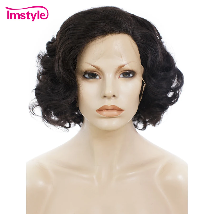 

Imstyle Lace Front Wig Wavy Dark Brown Short Wigs For Women Heat Resistant Fiber Synthetic Lace Wig Natural Hair 10 inch Cosplay