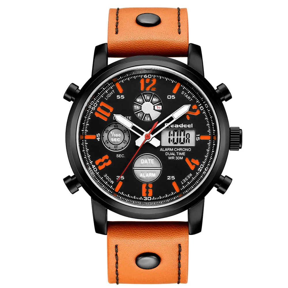 Luxury Brand Quartz Men Sport Watches Dual Display Led Digital Watch Genuine Leather Clock Male Waterproof Man Wristwatches - Цвет: Brown black