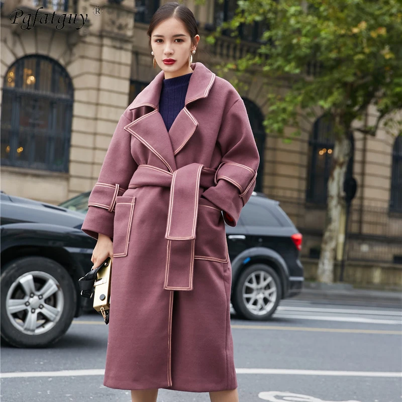 Для женщин с лацканами пальто Тренч поясом Элегантный Узелок шерстяное