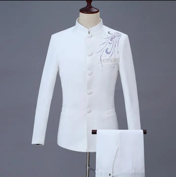

Singer star style dance stage white clothing for men groom suit set with pants 2020 mens wedding suits Paste drill formal dress
