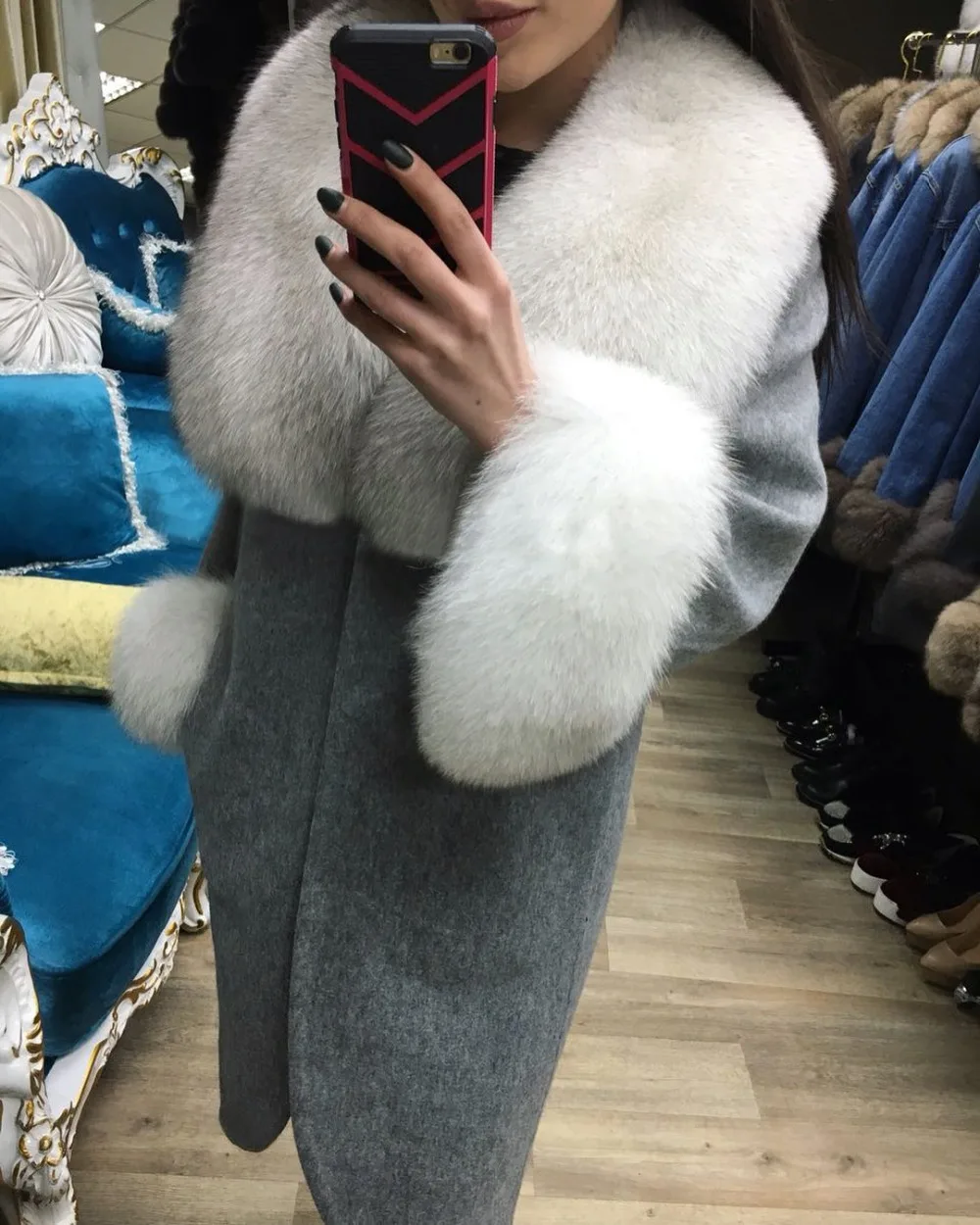 Женское кашемировое пальто из натурального Лисьего меха с рукавом на