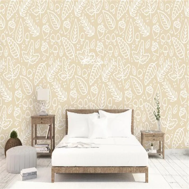 

Cartoon Mural Wallpapers Beige White Wall Murals Living Room Hand Drawn Leaves Wallpaper TV Background Home Decor Theme Hotel