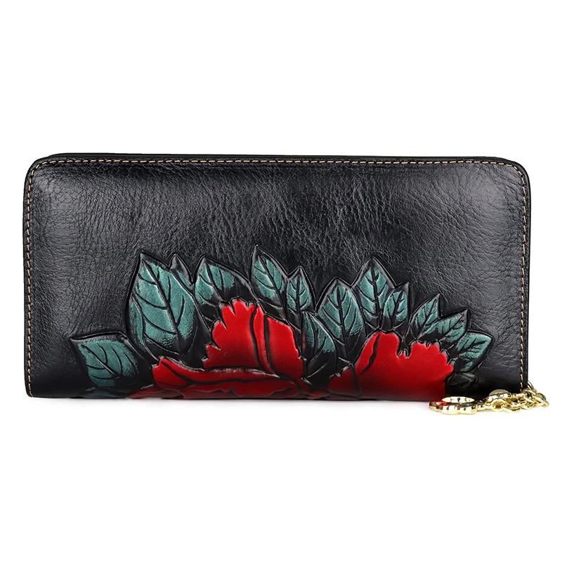 Женский зеленый кошелек Дамский Длинные кошельки для монет с тиснением и цветком