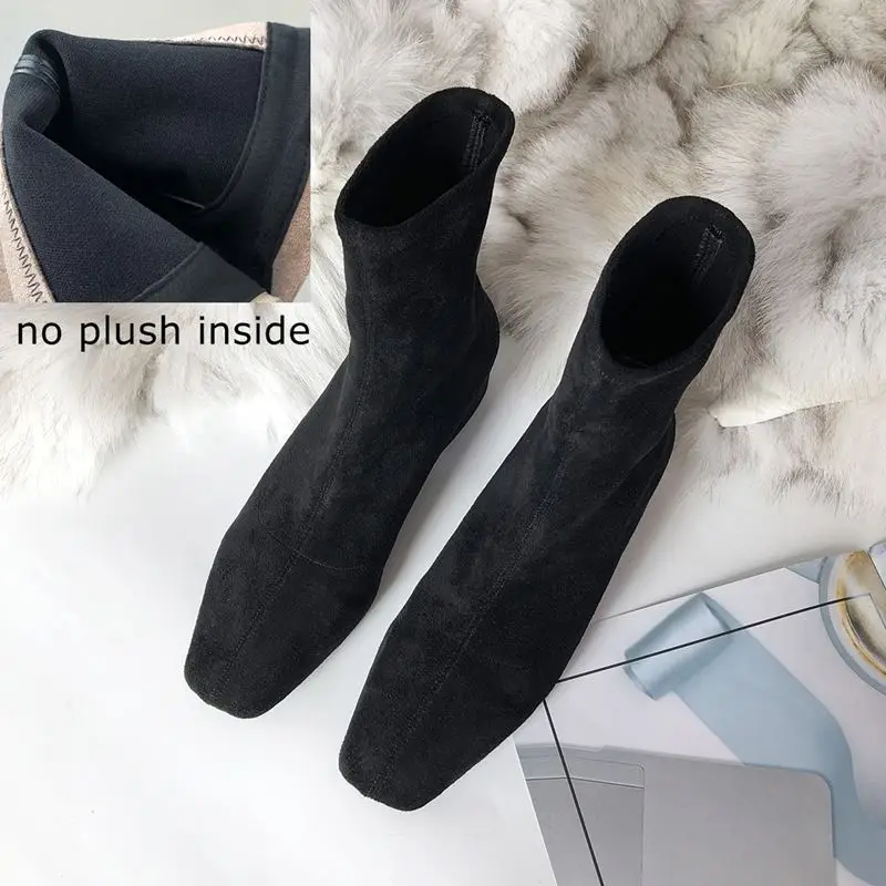 no plush black YINKOGET/модные брендовые женские ботинки из флока на среднем каблуке удобные ботильоны для отдыха осенне-зимние ботинки с острым носком для девочек - Цвет: no plush black