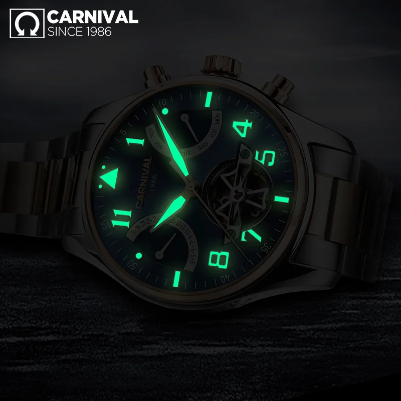 Механические Мужские часы CARNIVAL Skeleton Sandblast водонепроницаемые светящиеся из