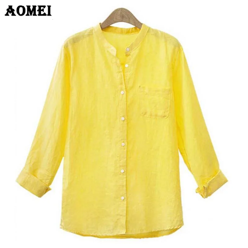 S M XL 4XL 5XL Весна Лето Топы с длинным рукавом желтые офисные женские Блузка карманом