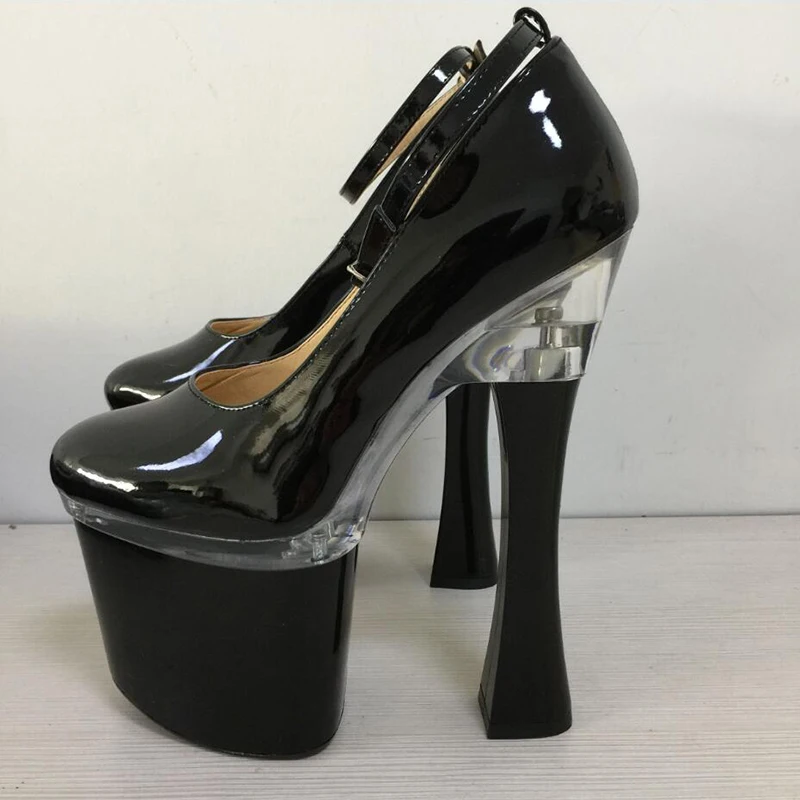 

Platform Pumps 18.5cm Super High Heels Women Sexy Shoes Fashion Glossy Round Toe Party Shoes Ankle Strap Metal Shoes Big Size