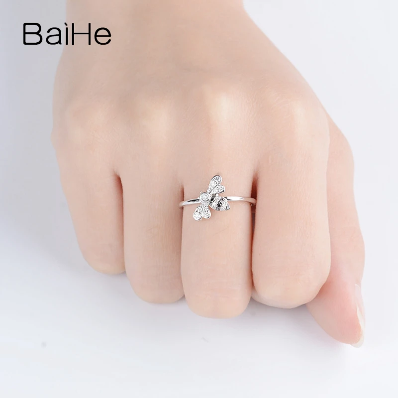 BAIHE Solid 14K White Gold 0.18ct H/SI Natural Diamonds+Black Diamonds Women Trendy Fine Jewelry Beautiful diamond bee Ring | Украшения и