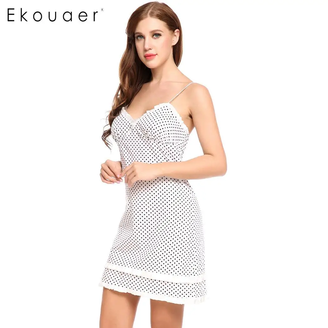 Ekouaer 100% хлопок ночная рубашка для женщин сексуальная на бретельках в горошек