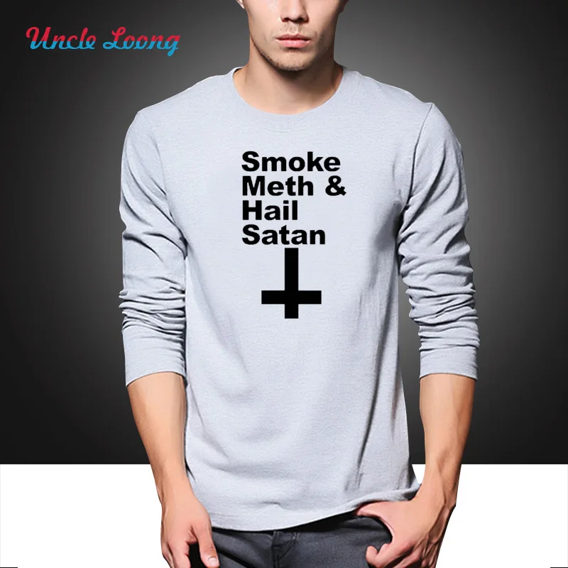Style Fashion SMOKE METH HAIL SATAN T Shirt Men Casual long Sleeve Keep Calm and Worship Satan Funny O-neck Autumn T-shirt | Мужская