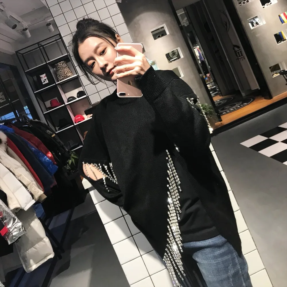 Cakucool Beading Chain Knit Tops Women Long Sleeve O-neck Sequined Slit Sweaters Shiny Jumpers Sweater Pullovers Female | Женская одежда