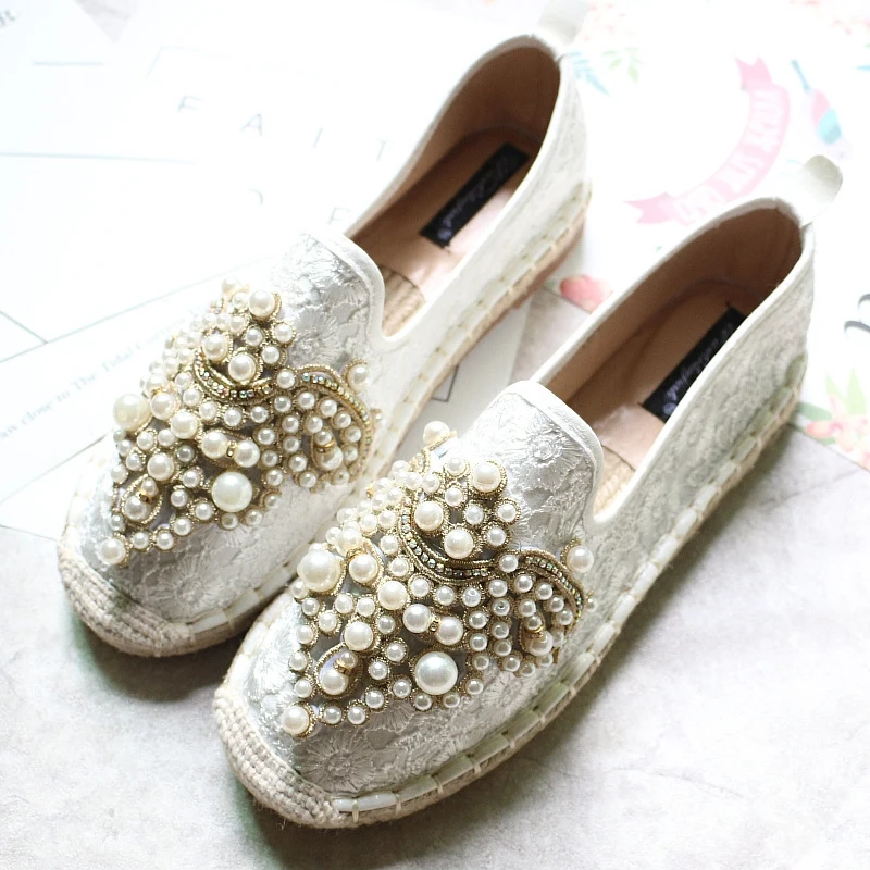 Эспадрильи женские плетеные кружевные цветочные соломенные жемчужные для