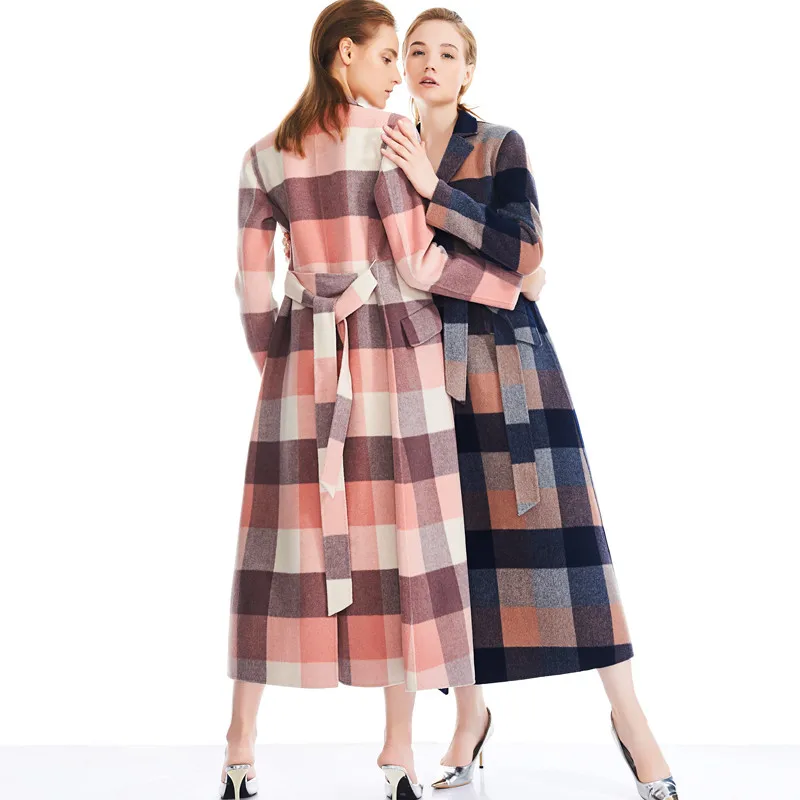 

high grade double face woolen women fashion plaid long overcoat suits collar sashes S/M/L