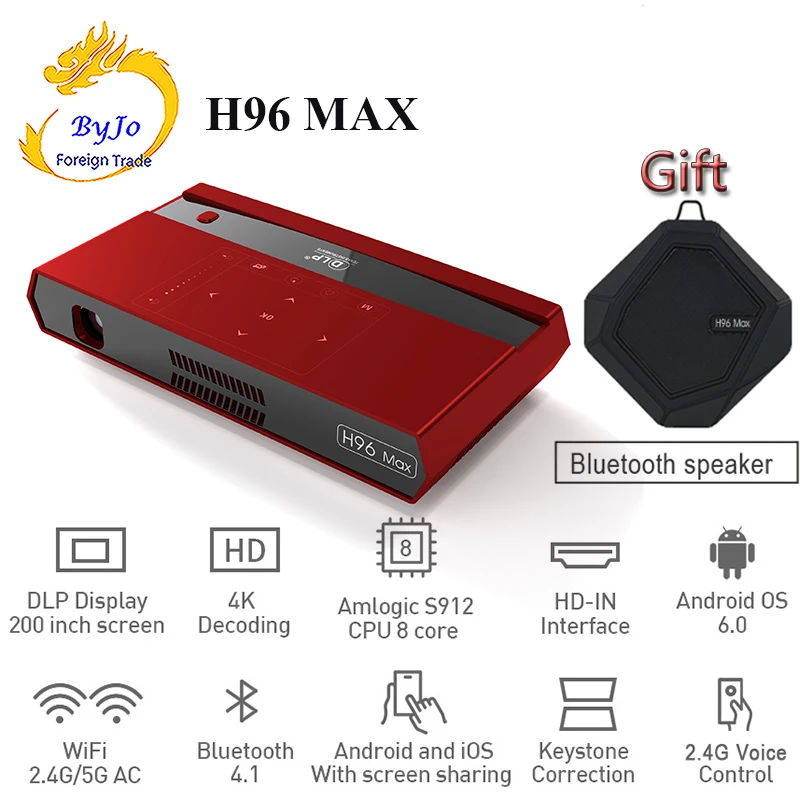 

H96 MAX Портативный проектор DLP Full HD, 4K, WI-FI 5G Android 6,0 S912 2 + 16G сенсорная кнопка голосовой пульт дистанционного управления 200 дюймов плеер HomeTheater